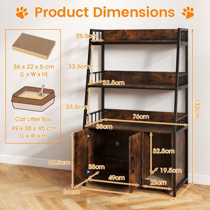 Cat Litter Box Enclosure with Storage Shelves and Scratching Pad-Brown