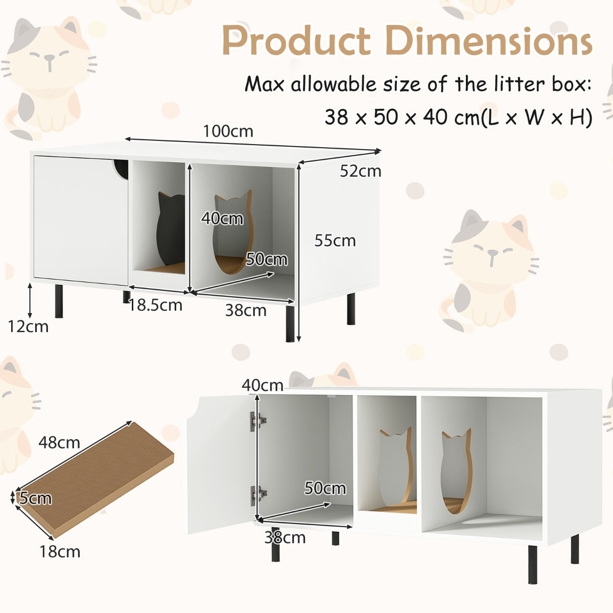 Cat Litter Box Enclosure with Storage and Removable Scratching Board-White