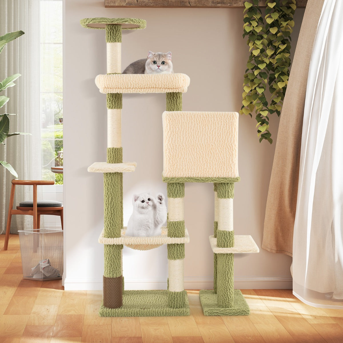 Multi-level Cat Tower with Private Condo and Cat Self-grooming Brush -Green