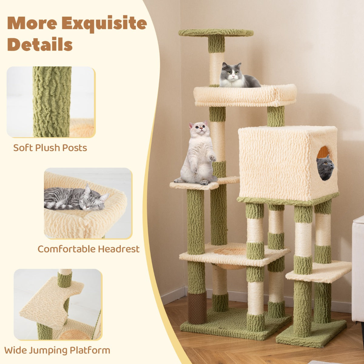 Multi-level Cat Tower with Private Condo and Cat Self-grooming Brush -Green