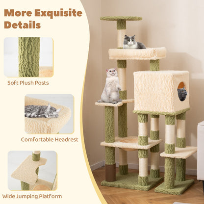 Multi-level Cat Tower with Private Condo and Cat Self-grooming Brush -Green