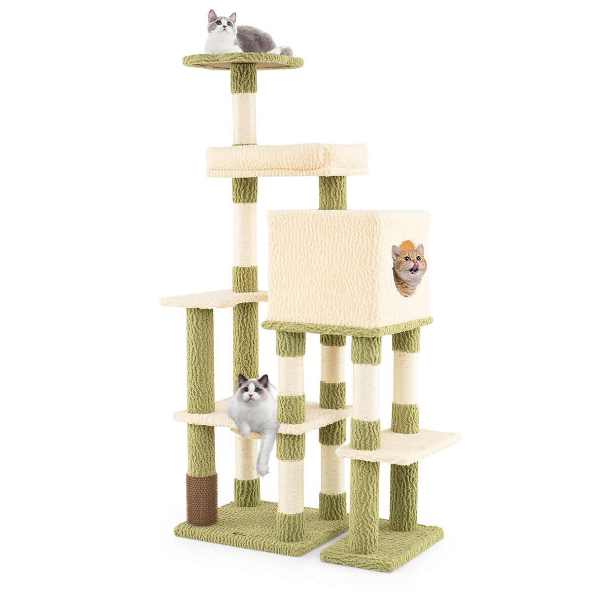 Multi-level Cat Tower with Private Condo and Cat Self-grooming Brush -Green