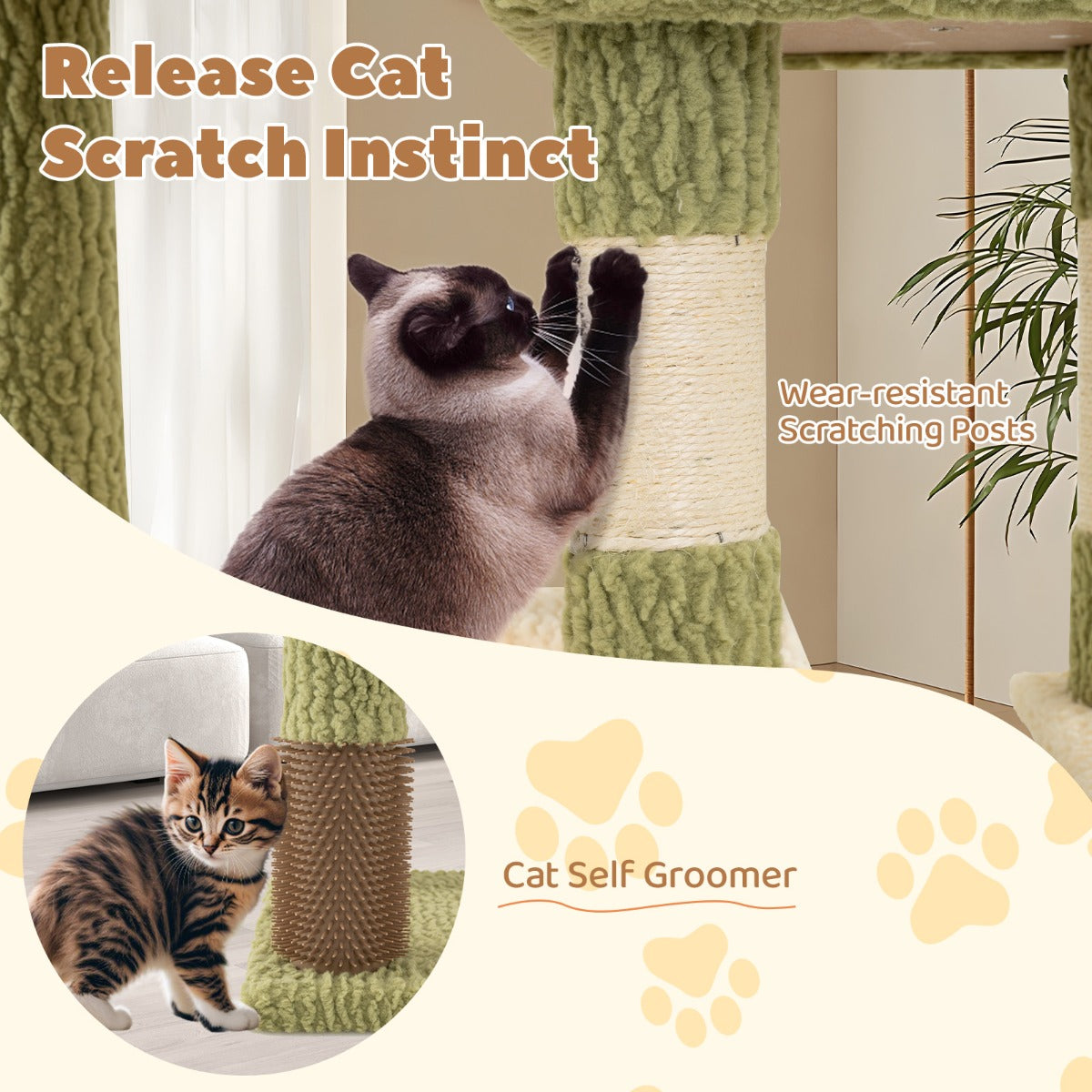 Multi-level Cat Tower with Private Condo and Cat Self-grooming Brush -Green