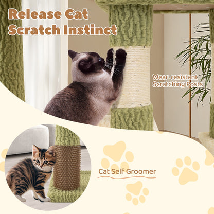 Multi-level Cat Tower with Private Condo and Cat Self-grooming Brush -Green