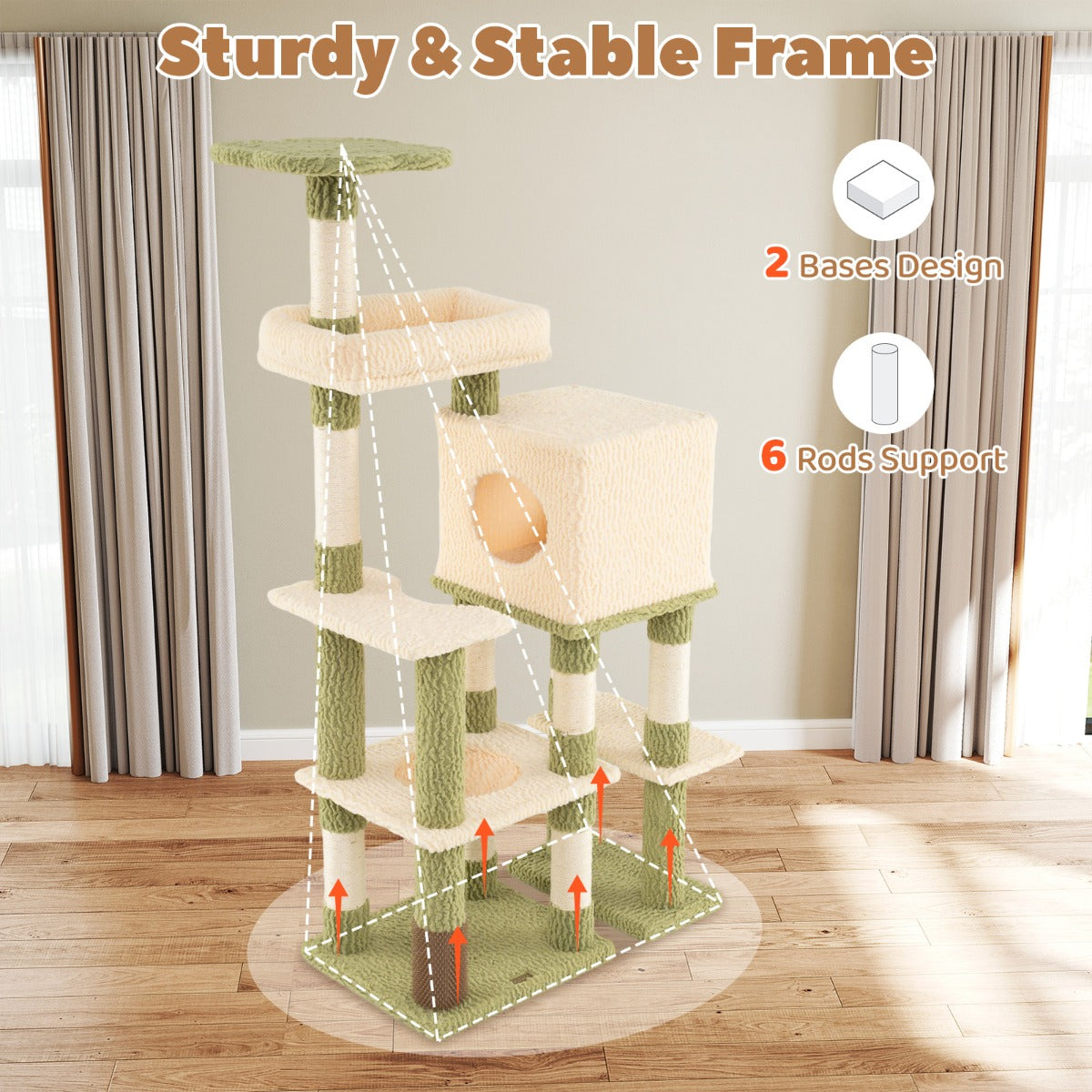 Multi-level Cat Tower with Private Condo and Cat Self-grooming Brush -Green