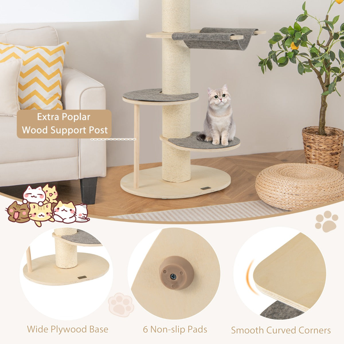 Multi-level Wooden Cat Tower with Thickened Sisal Scratching Posts for Indoor Cats-Grey