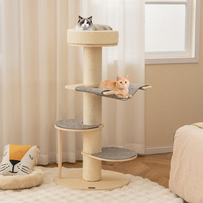 Multi-level Wooden Cat Tower with Thickened Sisal Scratching Posts for Indoor Cats-Grey
