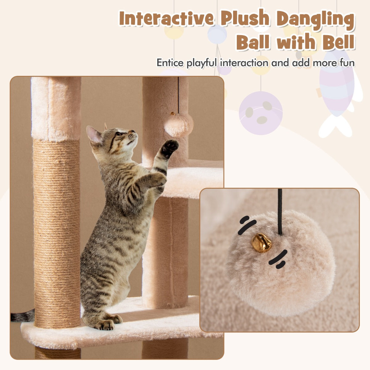 164cm Cattail Cat Tower with Jute Scratching Posts-Beige