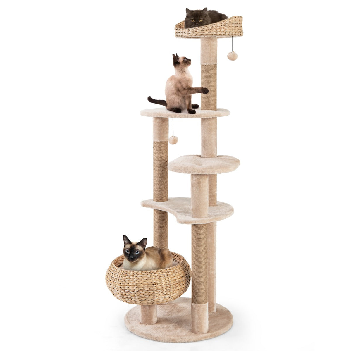 164cm Cattail Cat Tower with Jute Scratching Posts-Beige