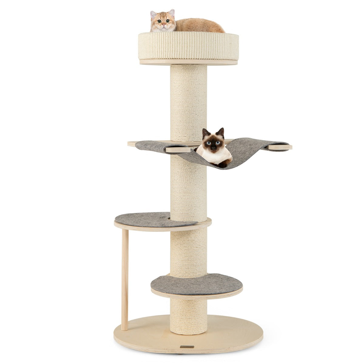 Multi-level Wooden Cat Tower with Thickened Sisal Scratching Posts for Indoor Cats-Grey