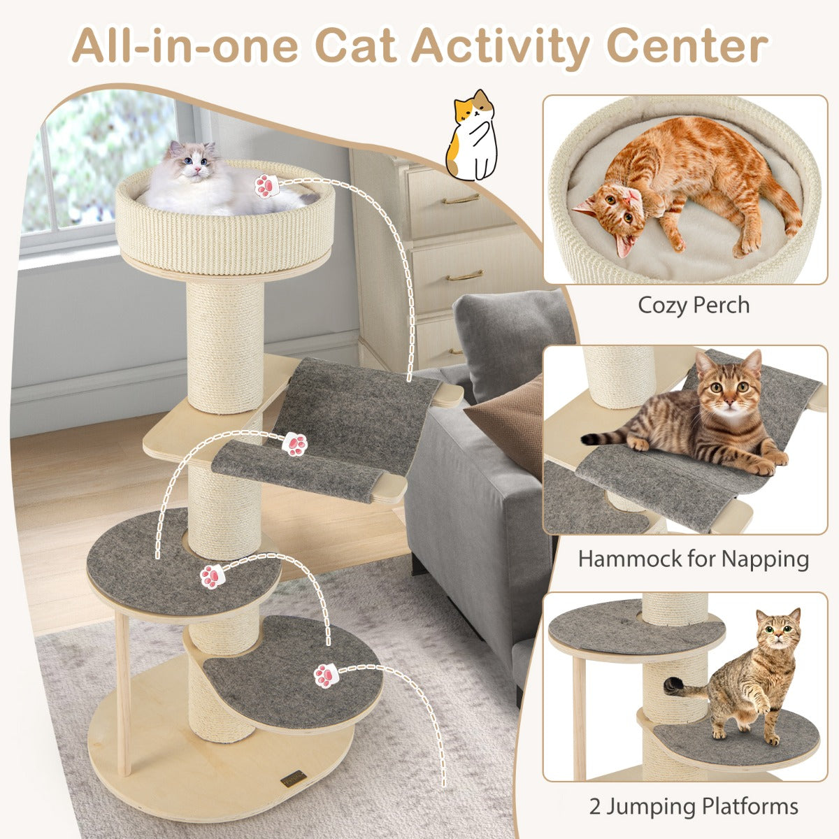 Multi-level Wooden Cat Tower with Thickened Sisal Scratching Posts for Indoor Cats-Grey