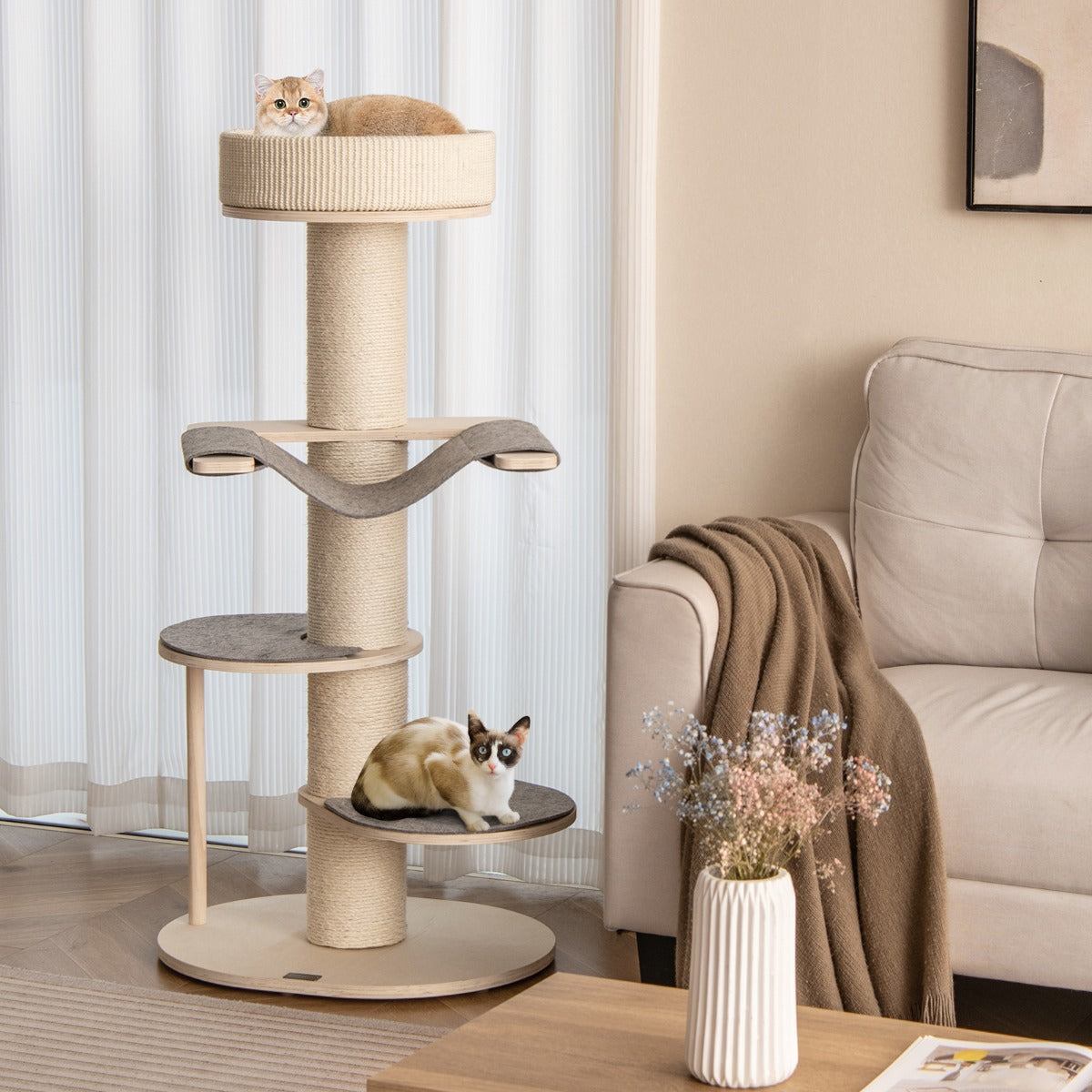 Multi-level Wooden Cat Tower with Thickened Sisal Scratching Posts for Indoor Cats-Grey