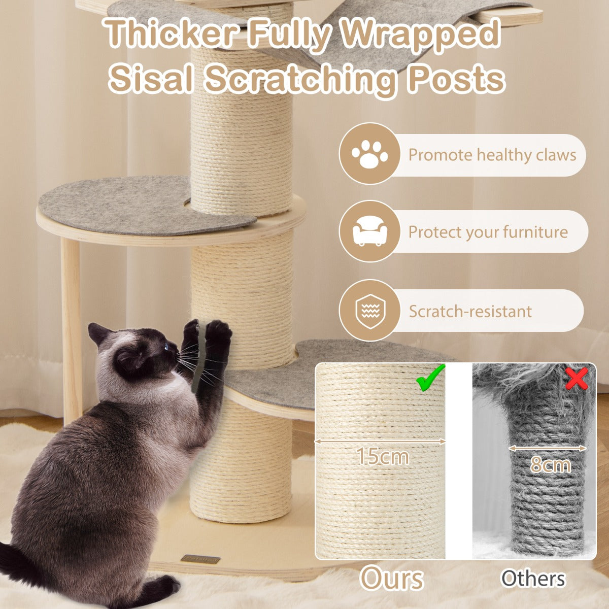 Multi-level Wooden Cat Tower with Thickened Sisal Scratching Posts for Indoor Cats-Grey