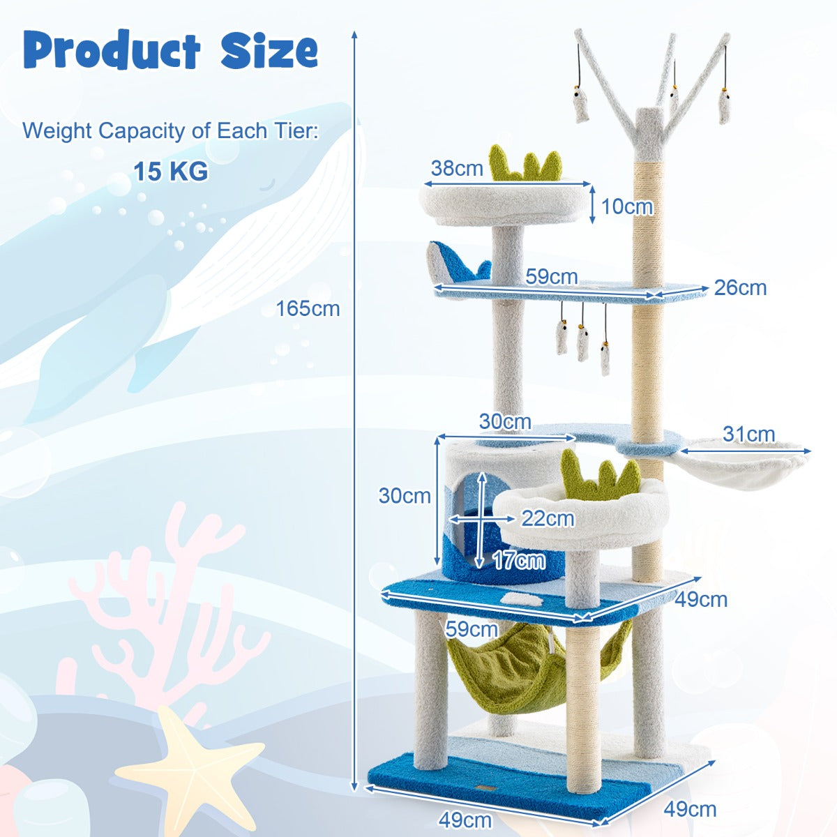 Multi-level Ocean-themed Cat Tree with Sisal Covered Scratching Posts