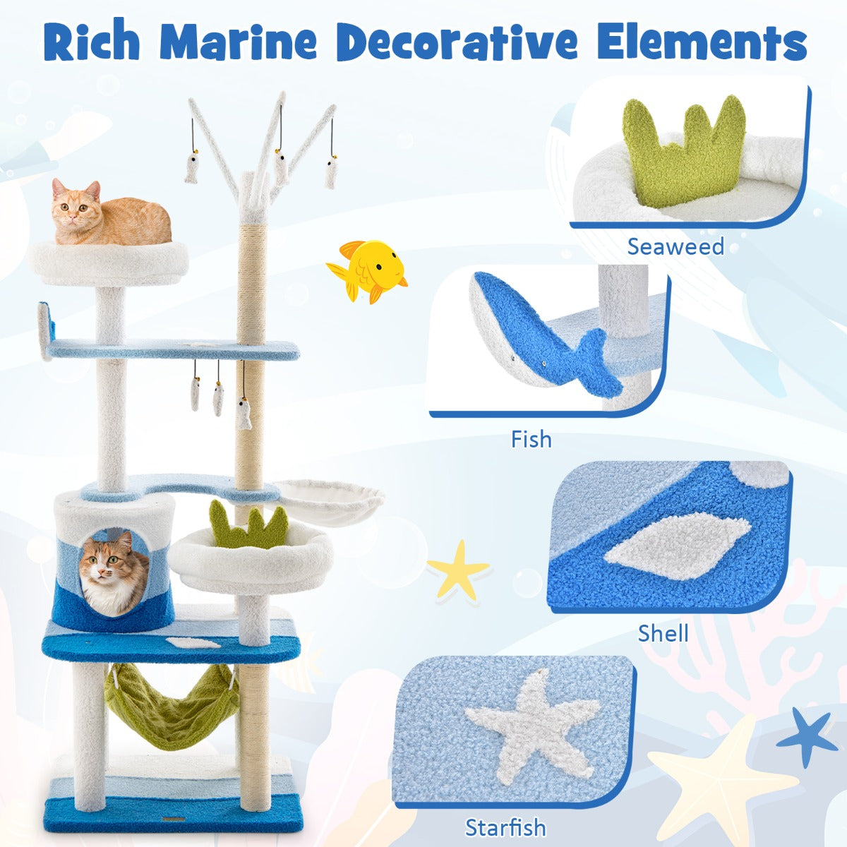 Multi-level Ocean-themed Cat Tree with Sisal Covered Scratching Posts