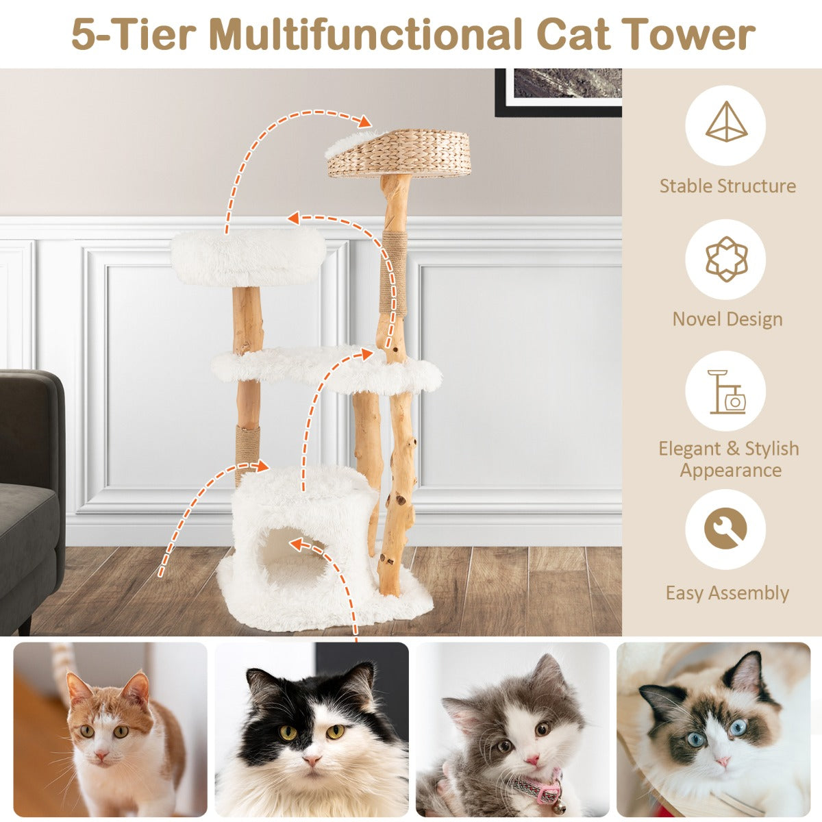 Five-tier wooden cat activity center with cozy perches, platforms, and a private condo