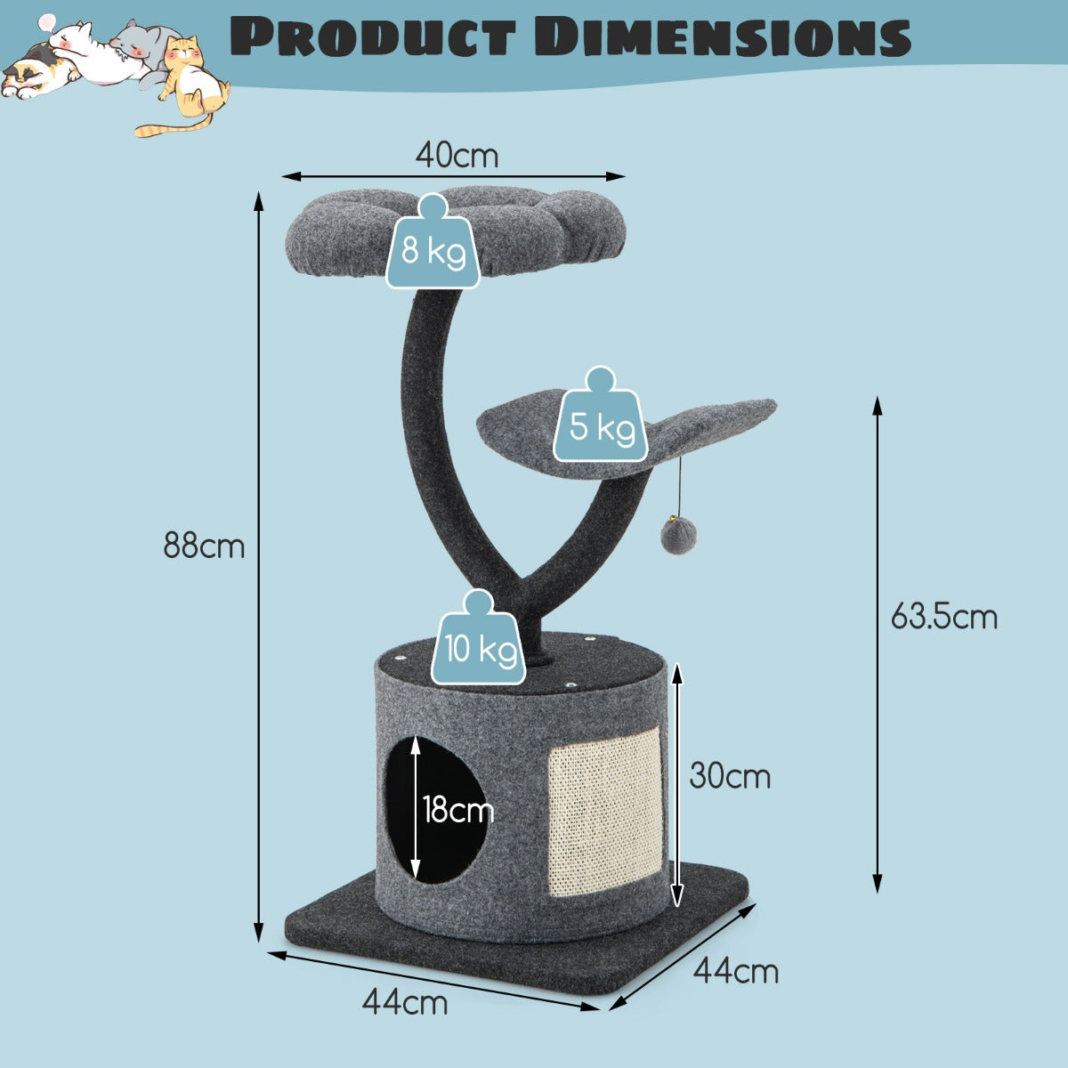 Costway 88 cm Tall Cat Tree with Curved Metal Supporting Frame