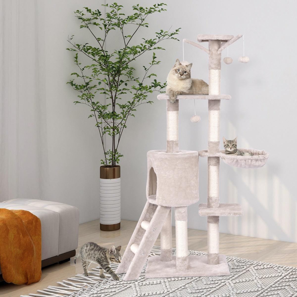 Costway 140 CM Cat Tree Kitten Tower with Scratching Post and Ladder