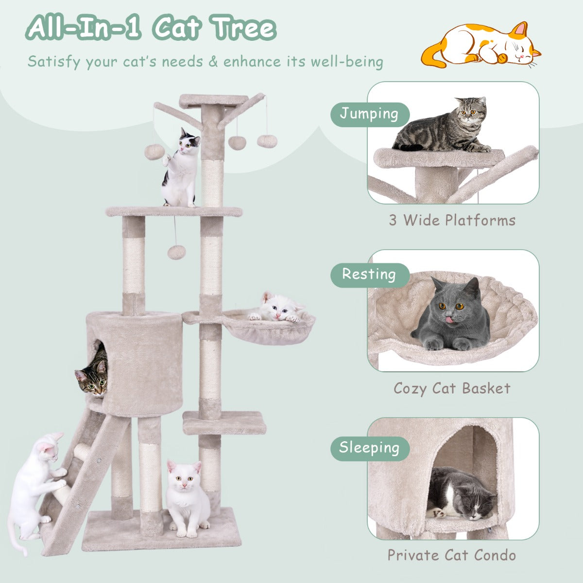 Costway 140 CM Cat Tree Kitten Tower with Scratching Post and Ladder