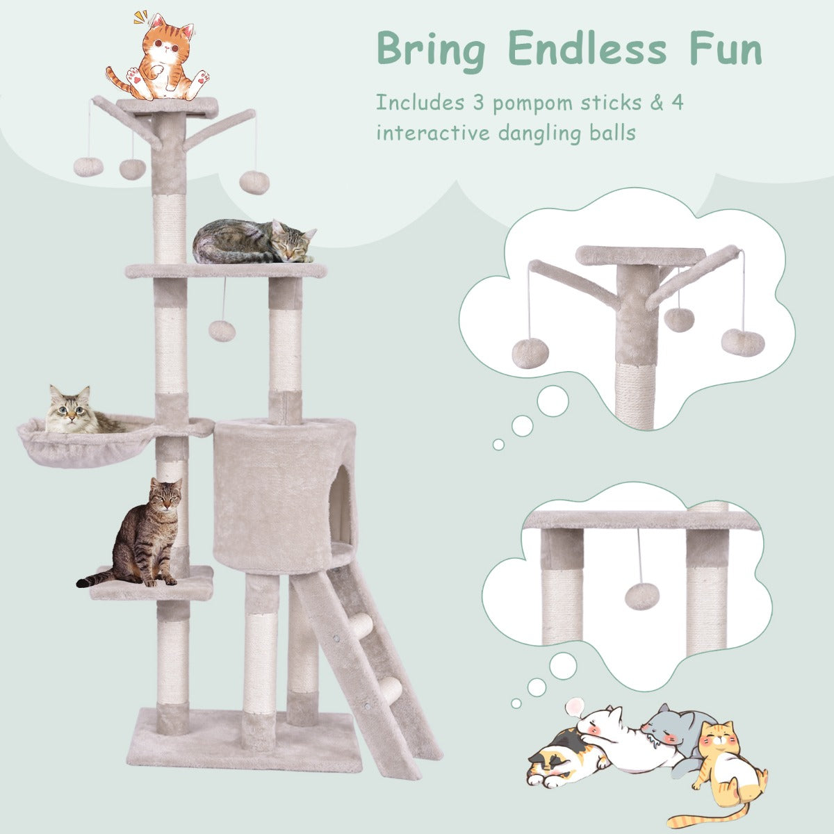 Costway 140 CM Cat Tree Kitten Tower with Scratching Post and Ladder