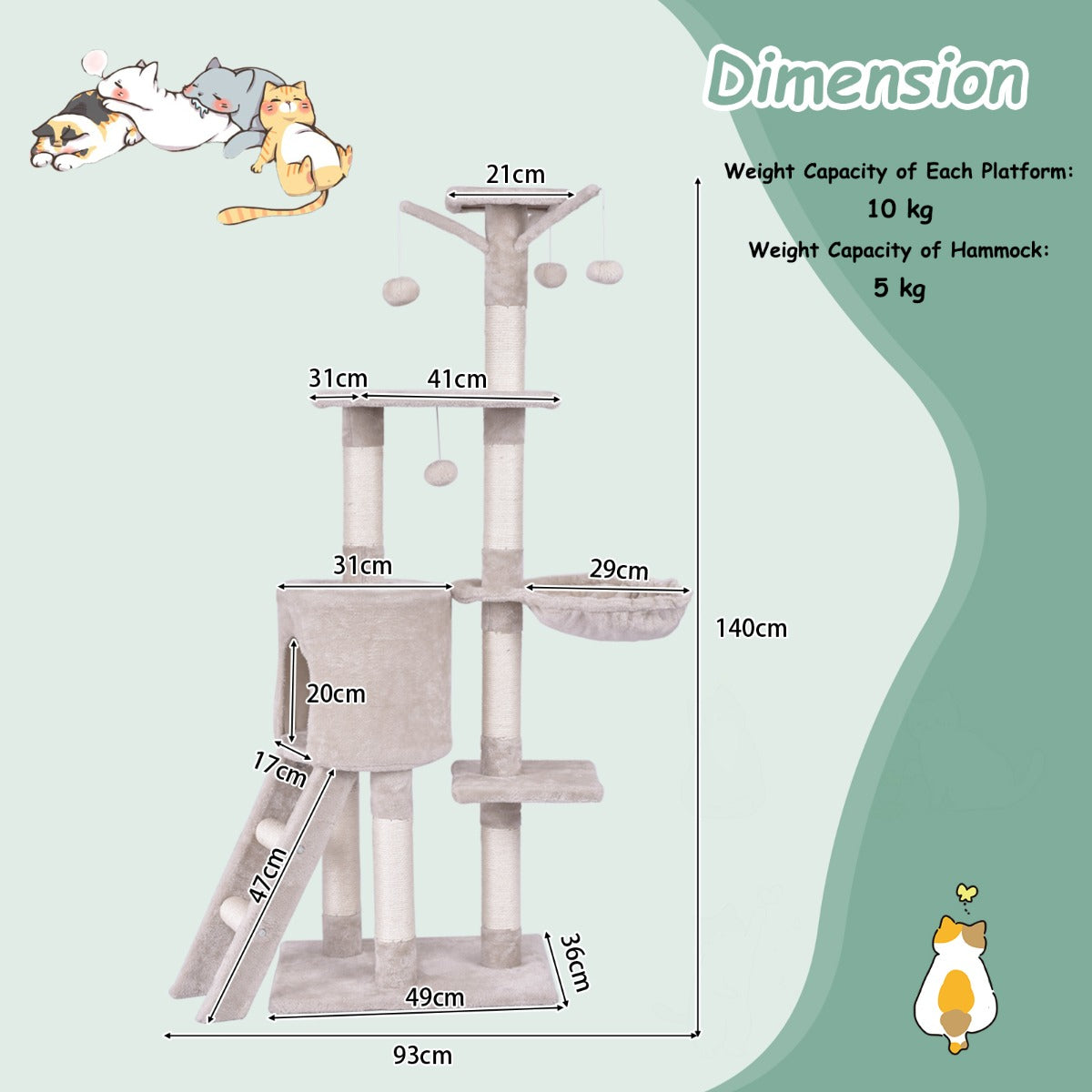 Costway 140 CM Cat Tree Kitten Tower with Scratching Post and Ladder