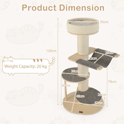 Multi-level Wooden Cat Tower with Thickened Sisal Scratching Posts for Indoor Cats-Grey