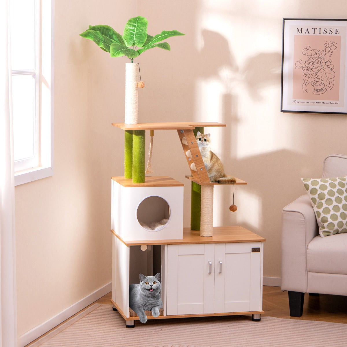 Cat Tree with Litter Box Enclosure and Cat Tower-White