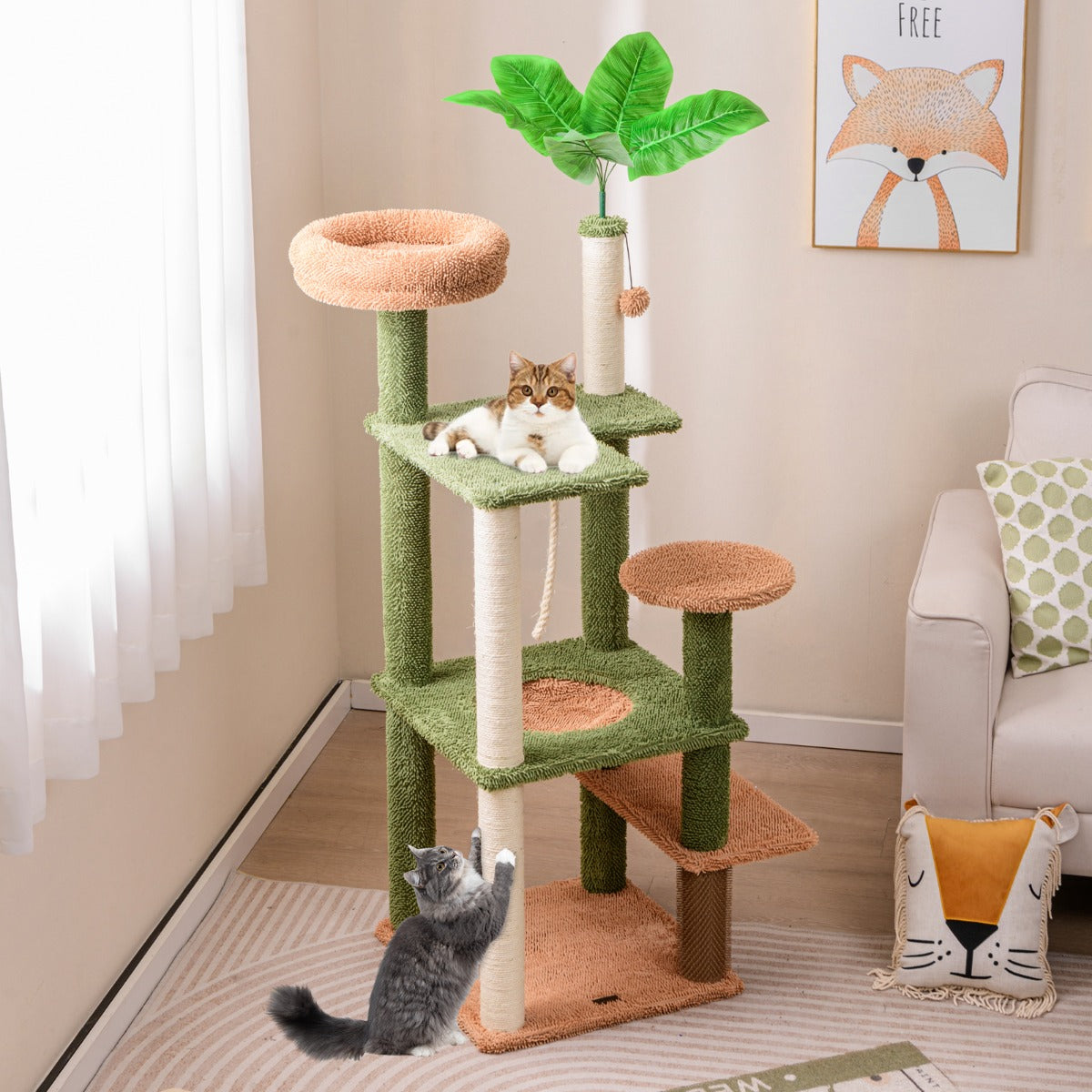 1.5m Cat Tree with Sisal Scratching Posts and Rope for Indoor Cats-Green