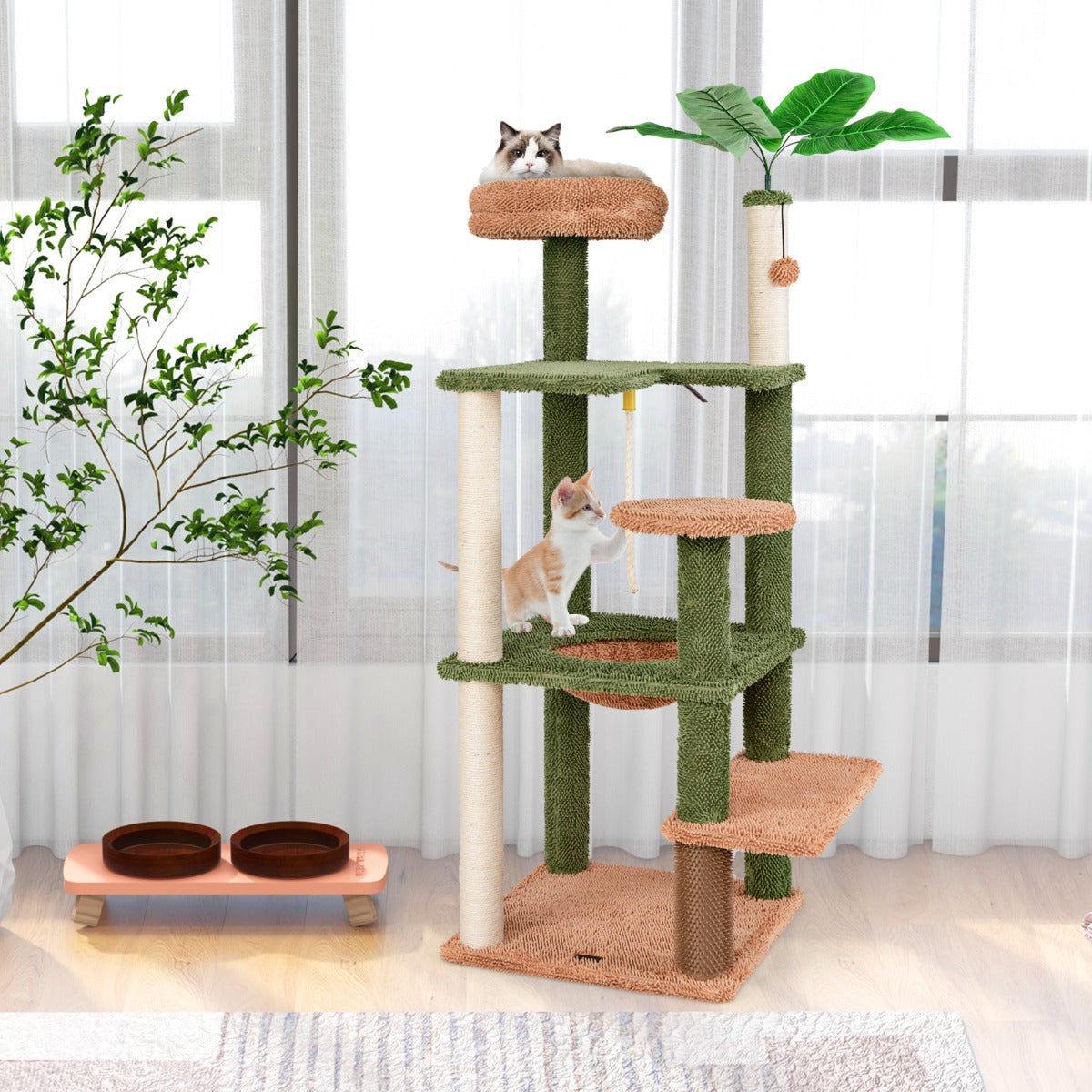 1.5m Cat Tree with Sisal Scratching Posts and Rope for Indoor Cats-Green