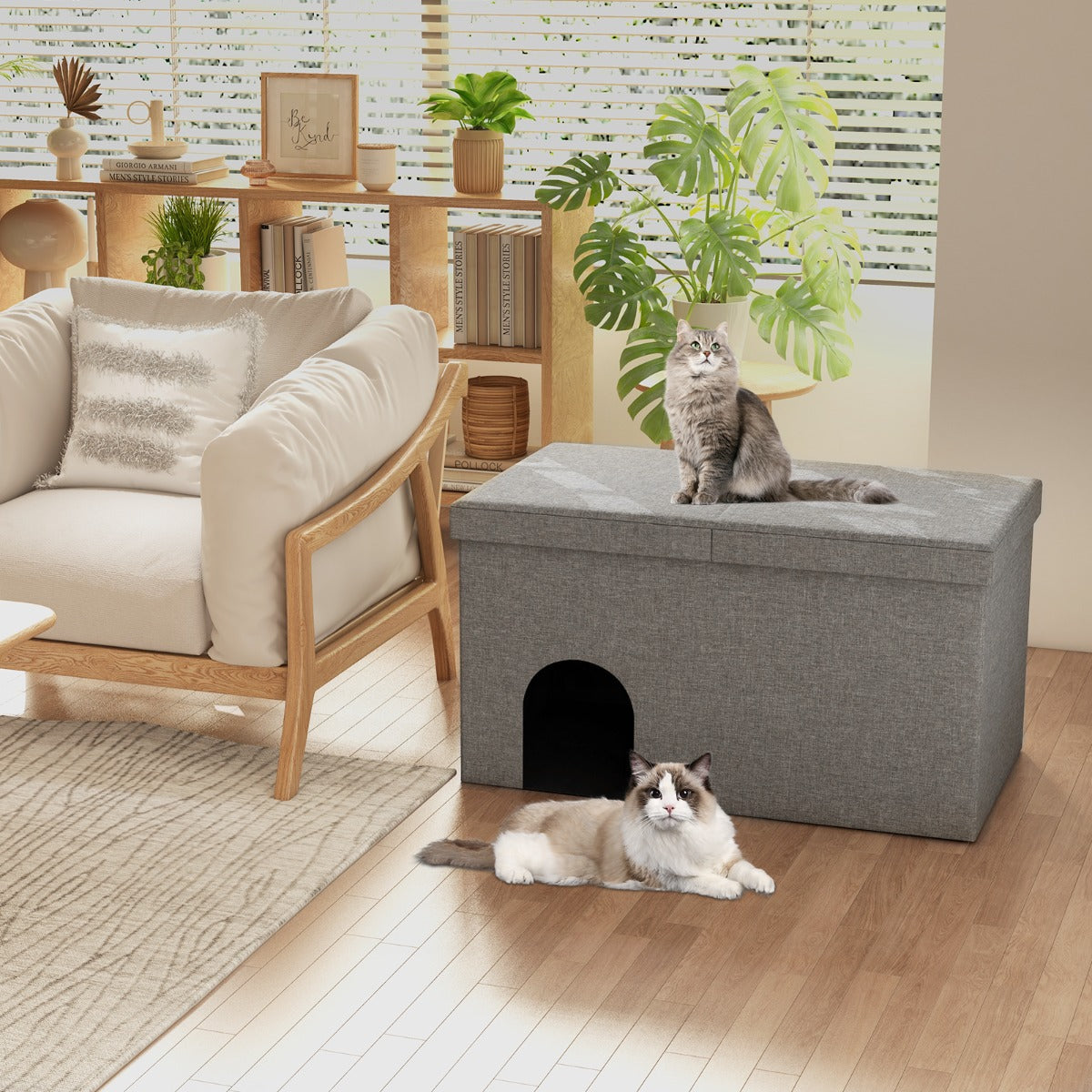 Cat Litter Box Enclosure Hidden Furniture with Urine Proof Litter Mat -Grey