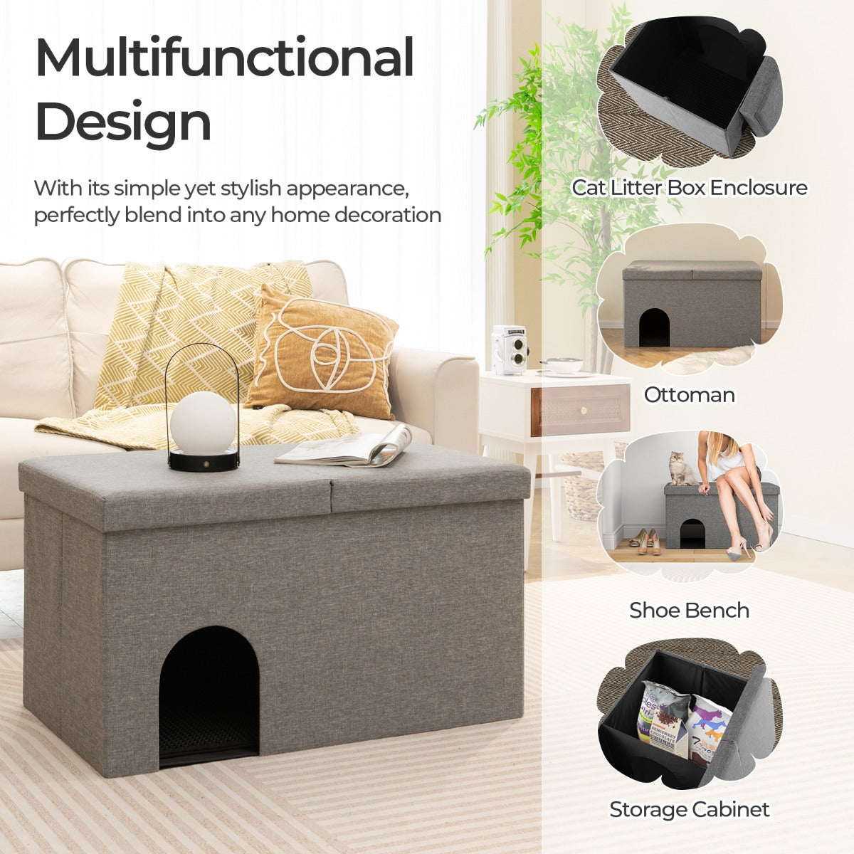 Cat Litter Box Enclosure Hidden Furniture with Urine Proof Litter Mat -Grey