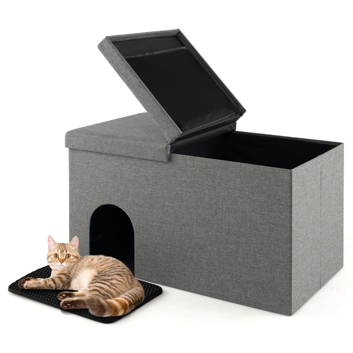 Cat Litter Box Enclosure Hidden Furniture with Urine Proof Litter Mat -Grey