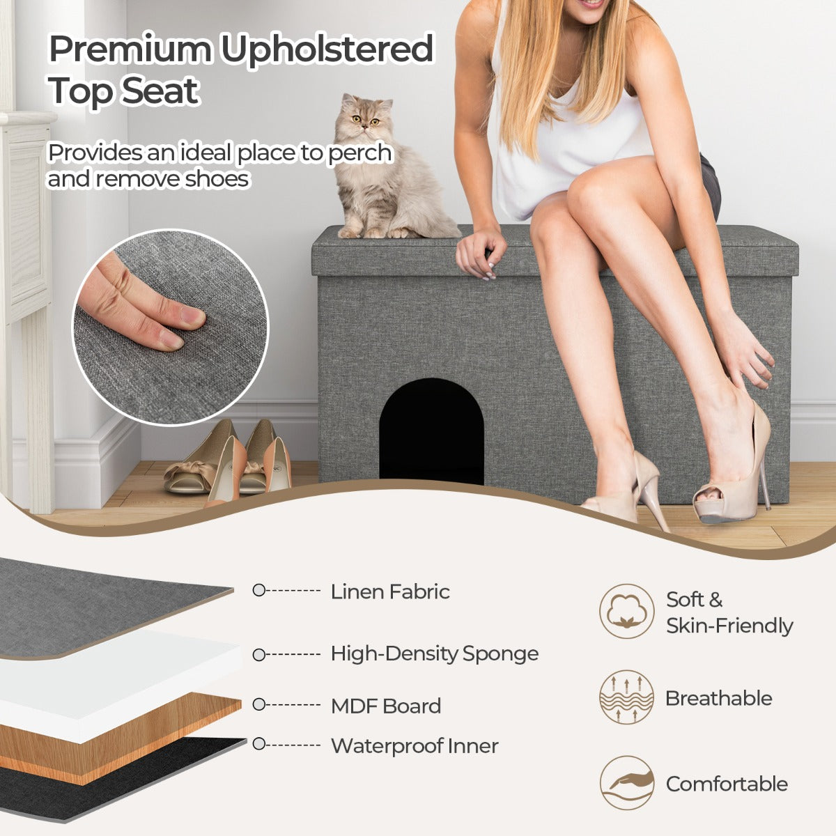 Cat Litter Box Enclosure Hidden Furniture with Urine Proof Litter Mat -Grey