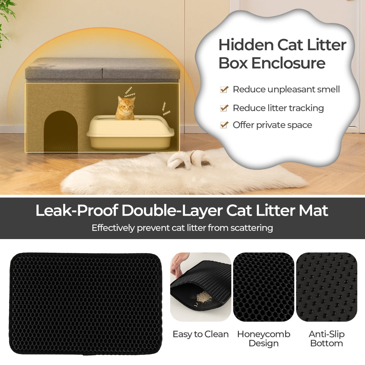 Cat Litter Box Enclosure Hidden Furniture with Urine Proof Litter Mat -Grey