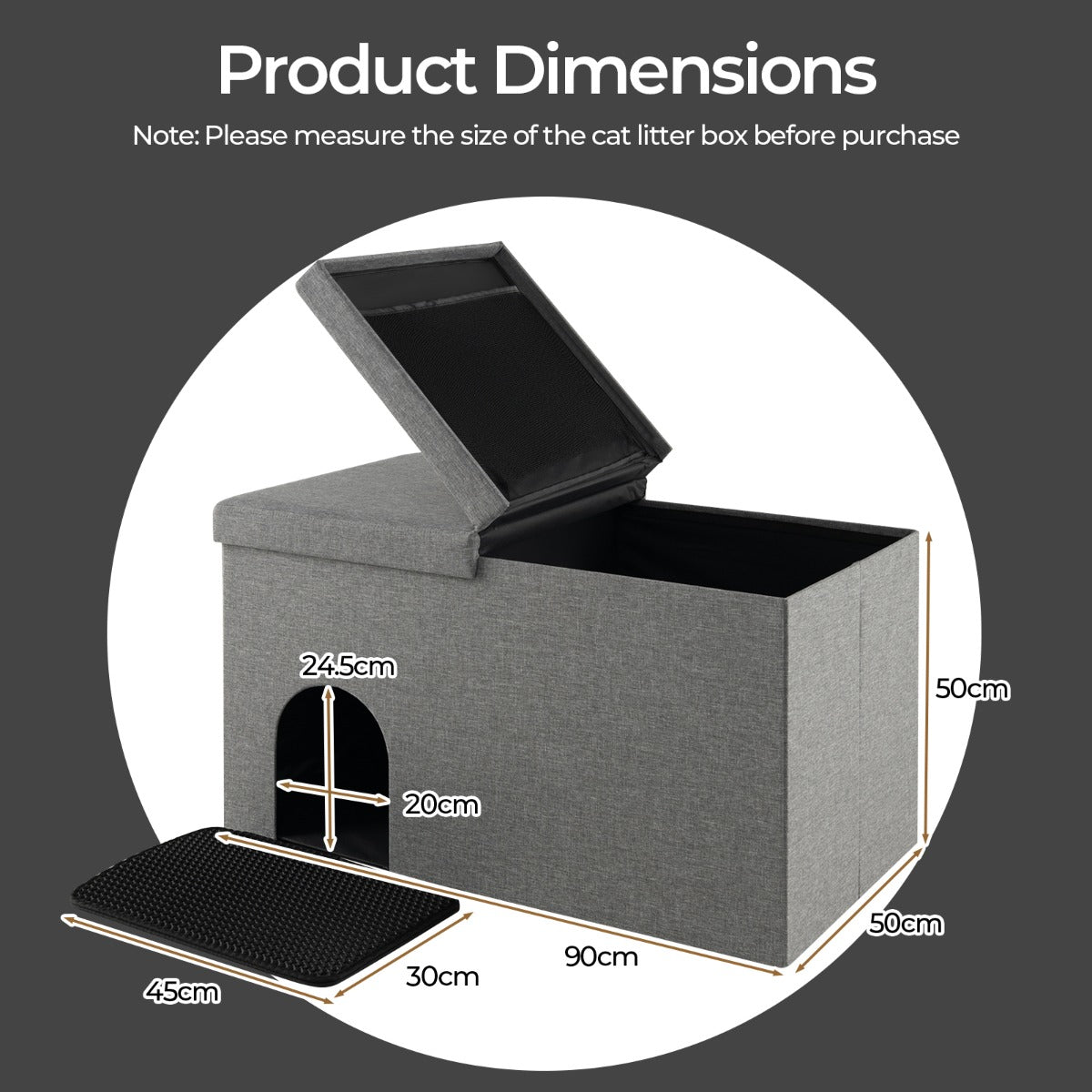 Cat Litter Box Enclosure Hidden Furniture with Urine Proof Litter Mat -Grey