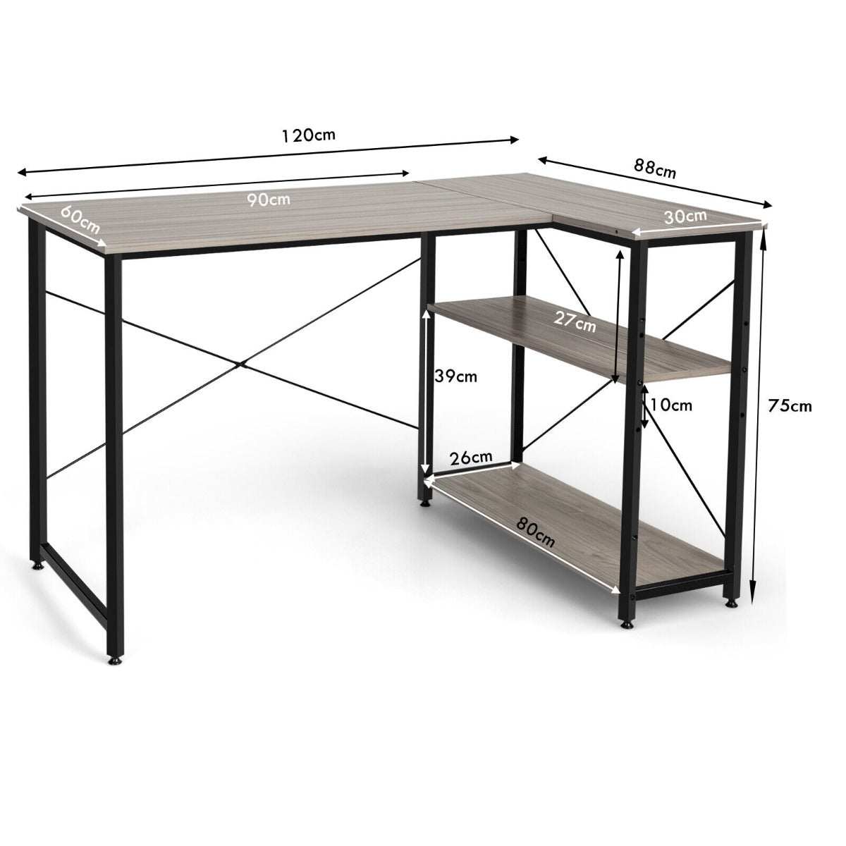 Costway L-Shaped Corner Computer Desk with Adjustable Bookshelf for Office Grey
