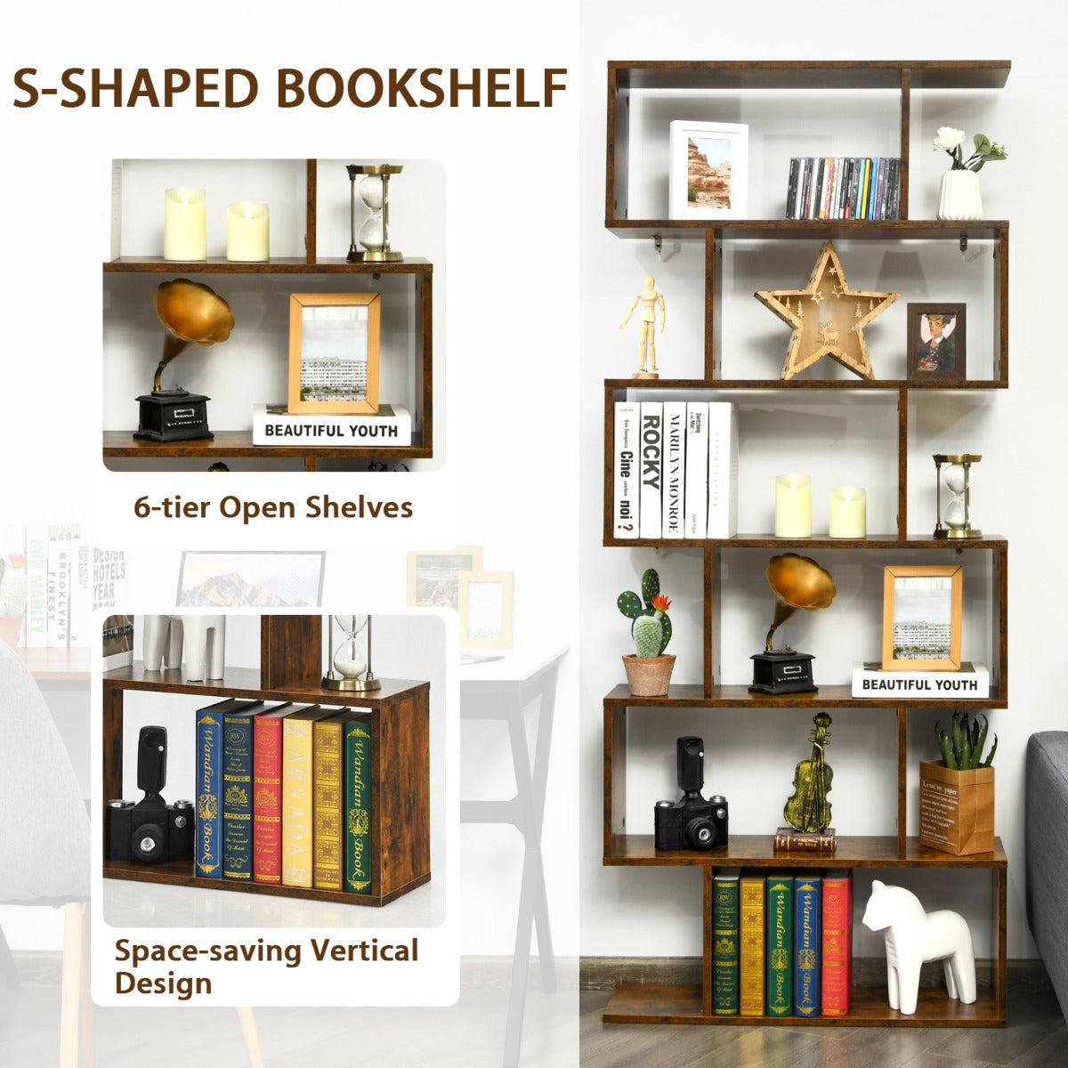 Costway 6-Tier Bookshelf with Anti-Tipping Device for Office