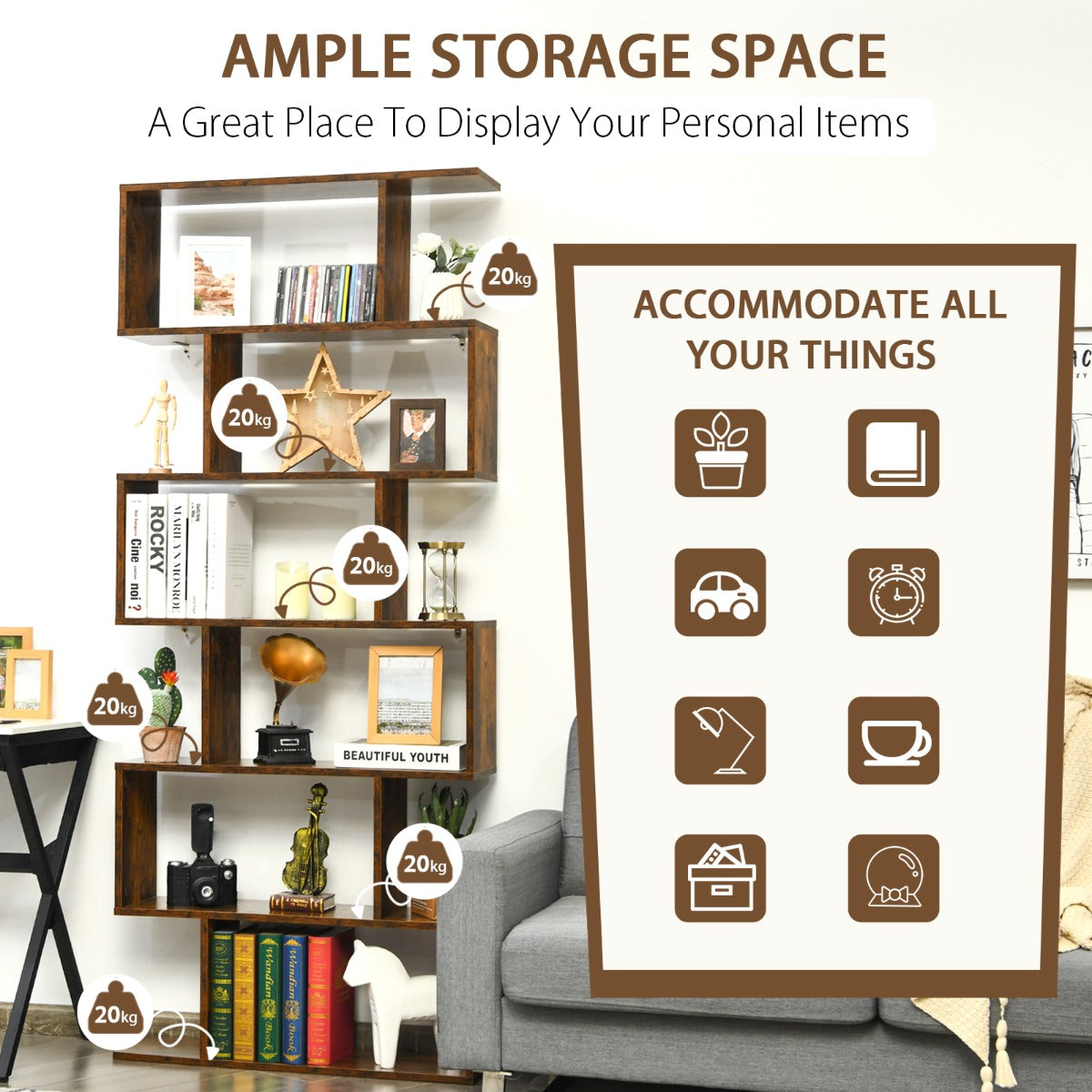 Costway 6-Tier Bookshelf with Anti-Tipping Device for Office