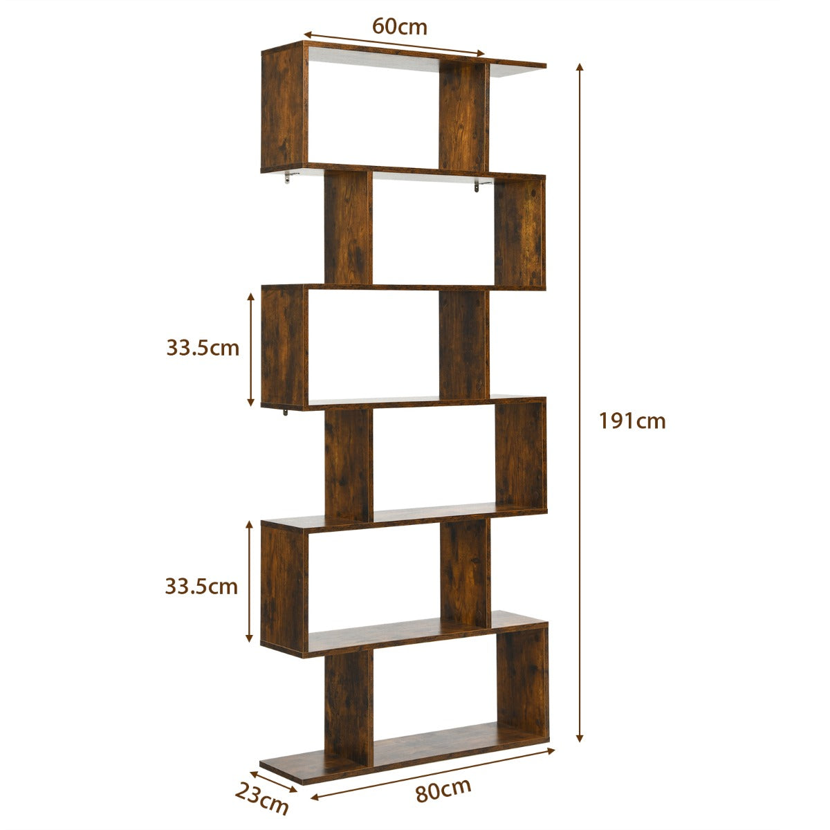 Six-tier S-shaped bookshelf with open shelves for books, plants, collectibles, and home storage