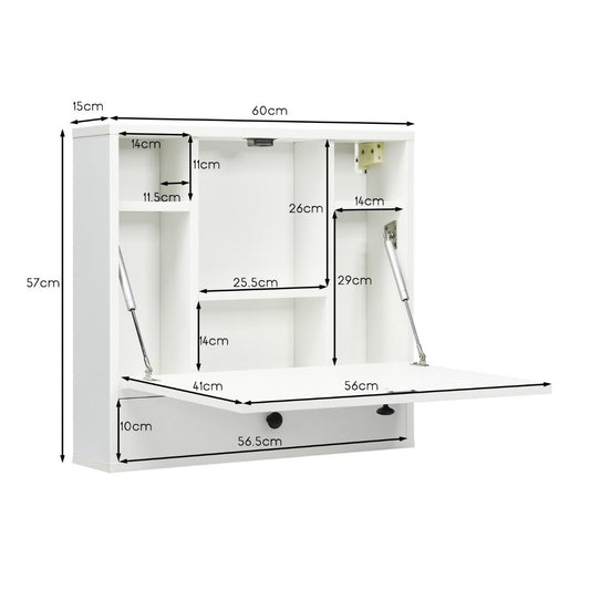 Black wall-mounted folding computer desk with storage cabinet, shelves, and bottom drawer