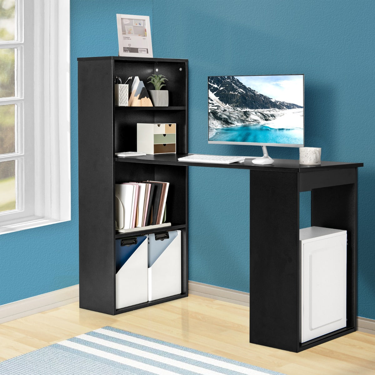 Modern 3-in-1 Wooden Computer Desk with 6-Tier Storage Bookshelves-Black