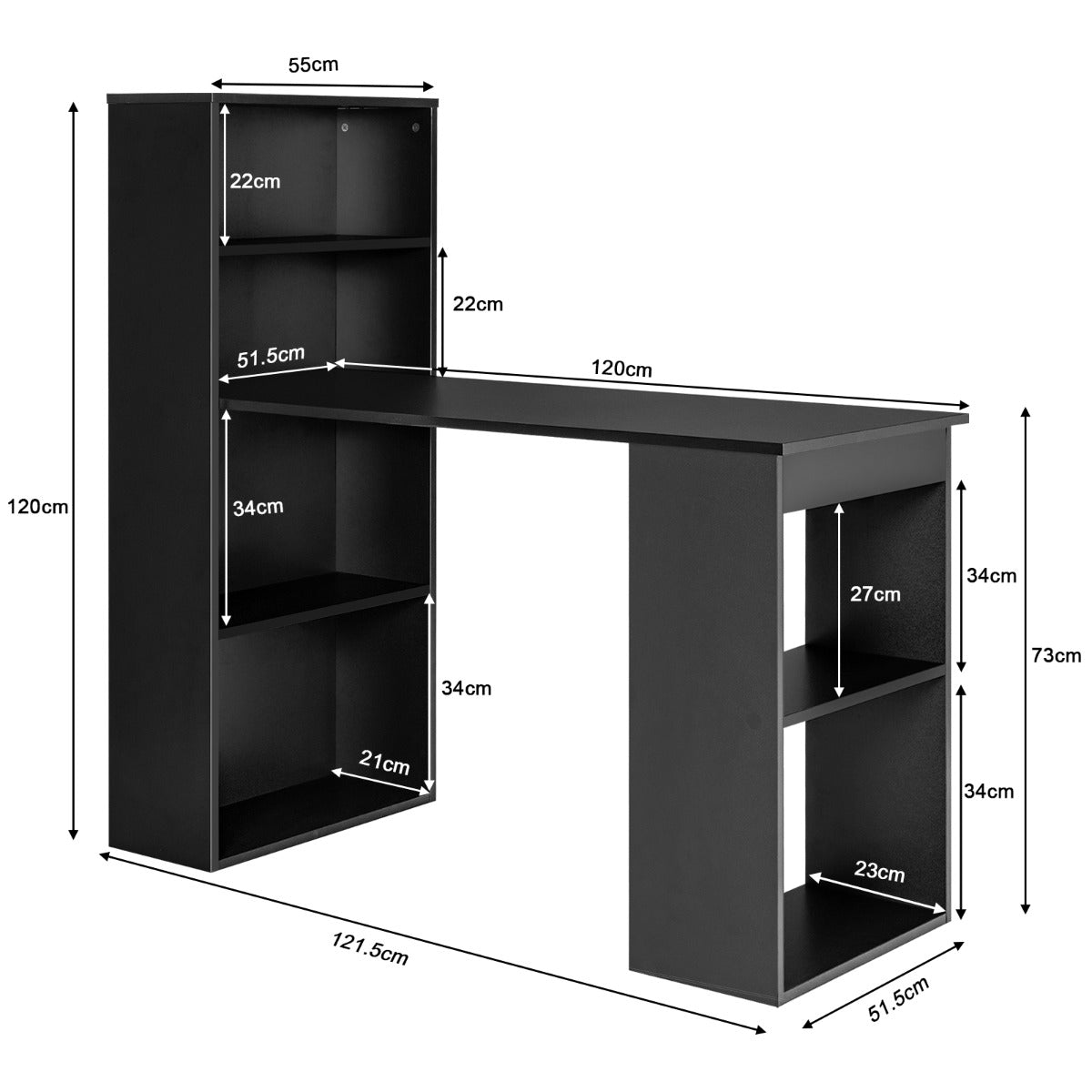 Modern 3-in-1 Wooden Computer Desk with 6-Tier Storage Bookshelves-Black