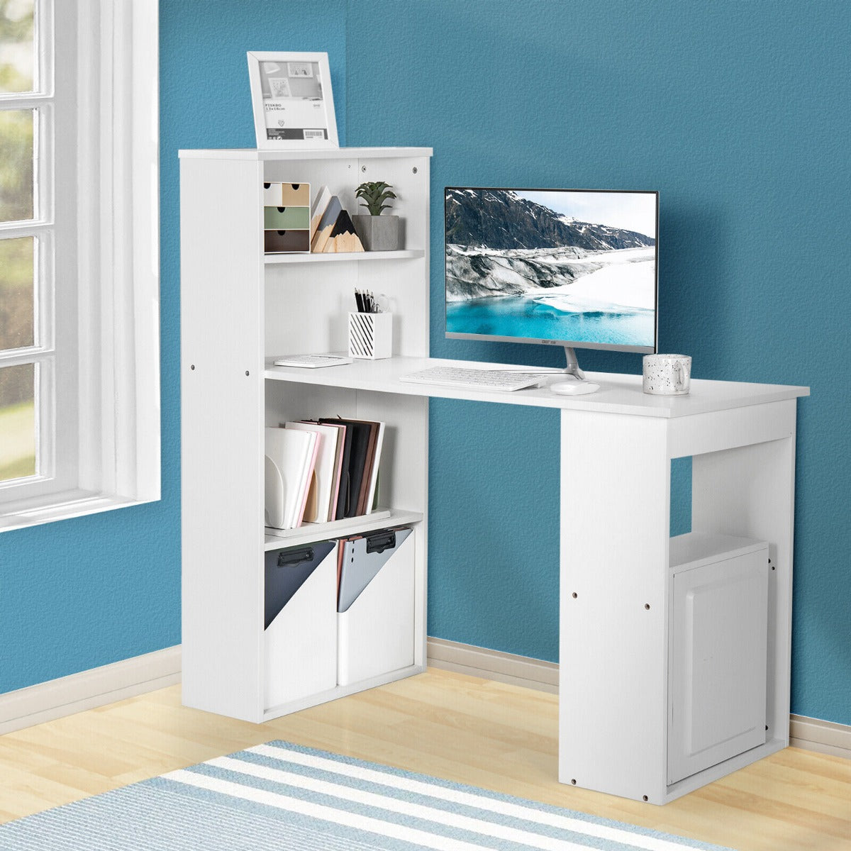 Modern 3-in-1 Wooden Computer Desk with 6-Tier Storage Bookshelves-White