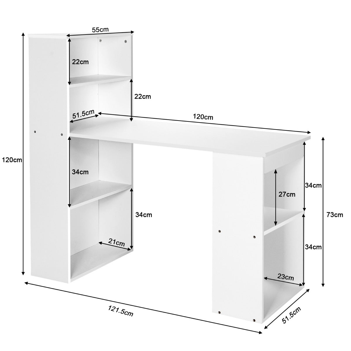Modern 3-in-1 Wooden Computer Desk with 6-Tier Storage Bookshelves-White