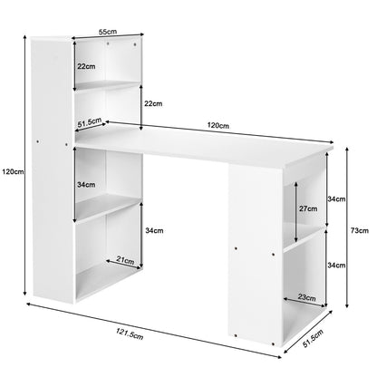 Modern 3-in-1 Wooden Computer Desk with 6-Tier Storage Bookshelves-White