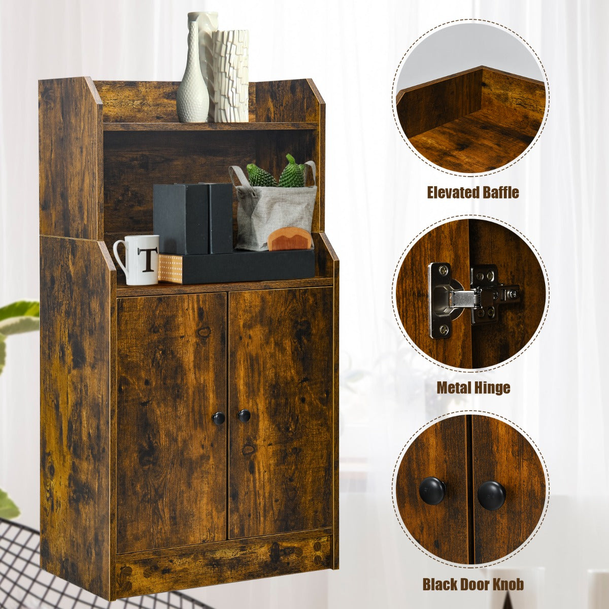 Industrial style bookshelf with raised baffle helps prevent displayed items from falling down