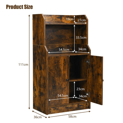 Rustic brown two tier bookshelf with open shelves and enclosed bottom storage cabinet for home