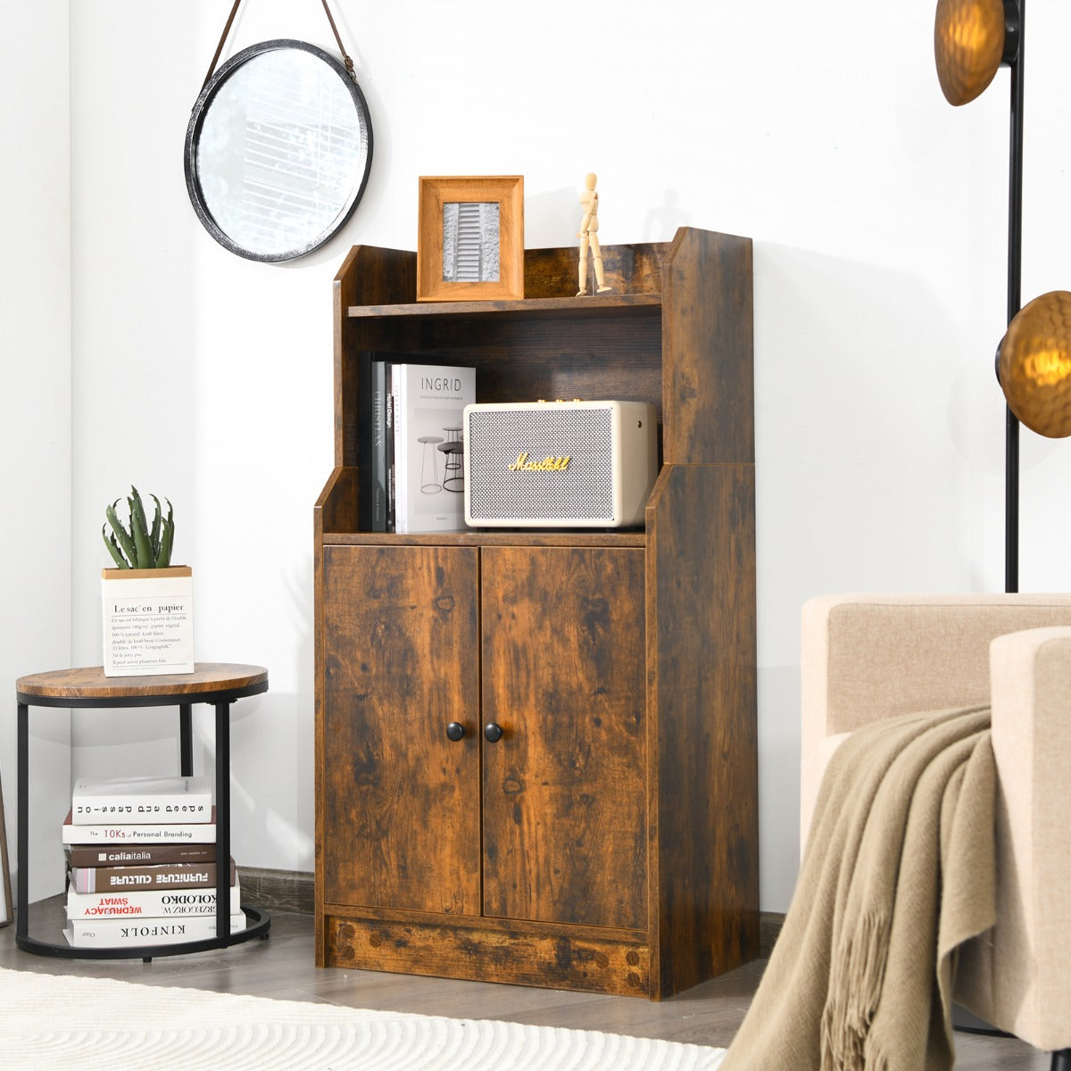Open display shelf provides convenient access to plants books decorations and everyday essentials