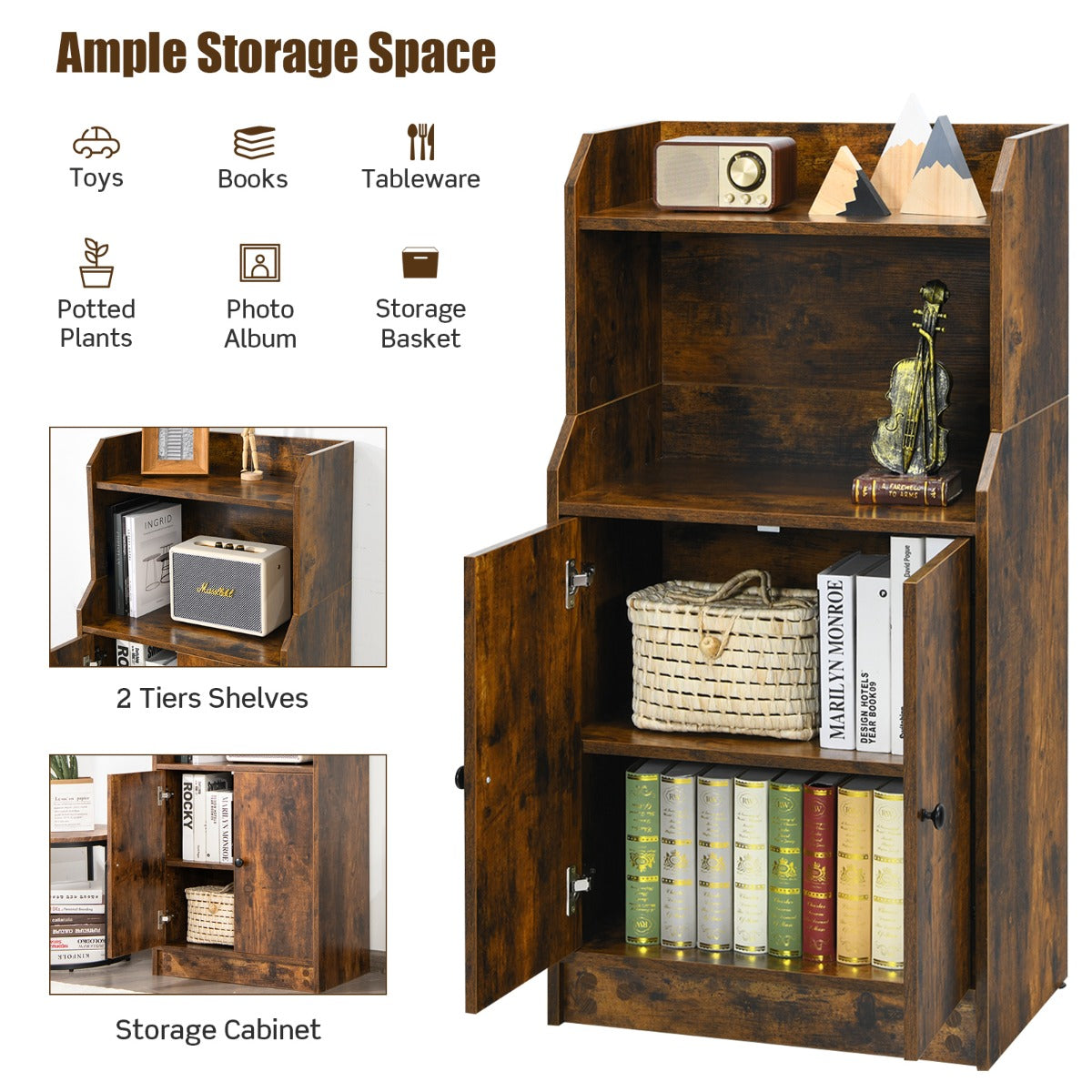 Two door storage cabinet protects books decorations tableware and household items from dust