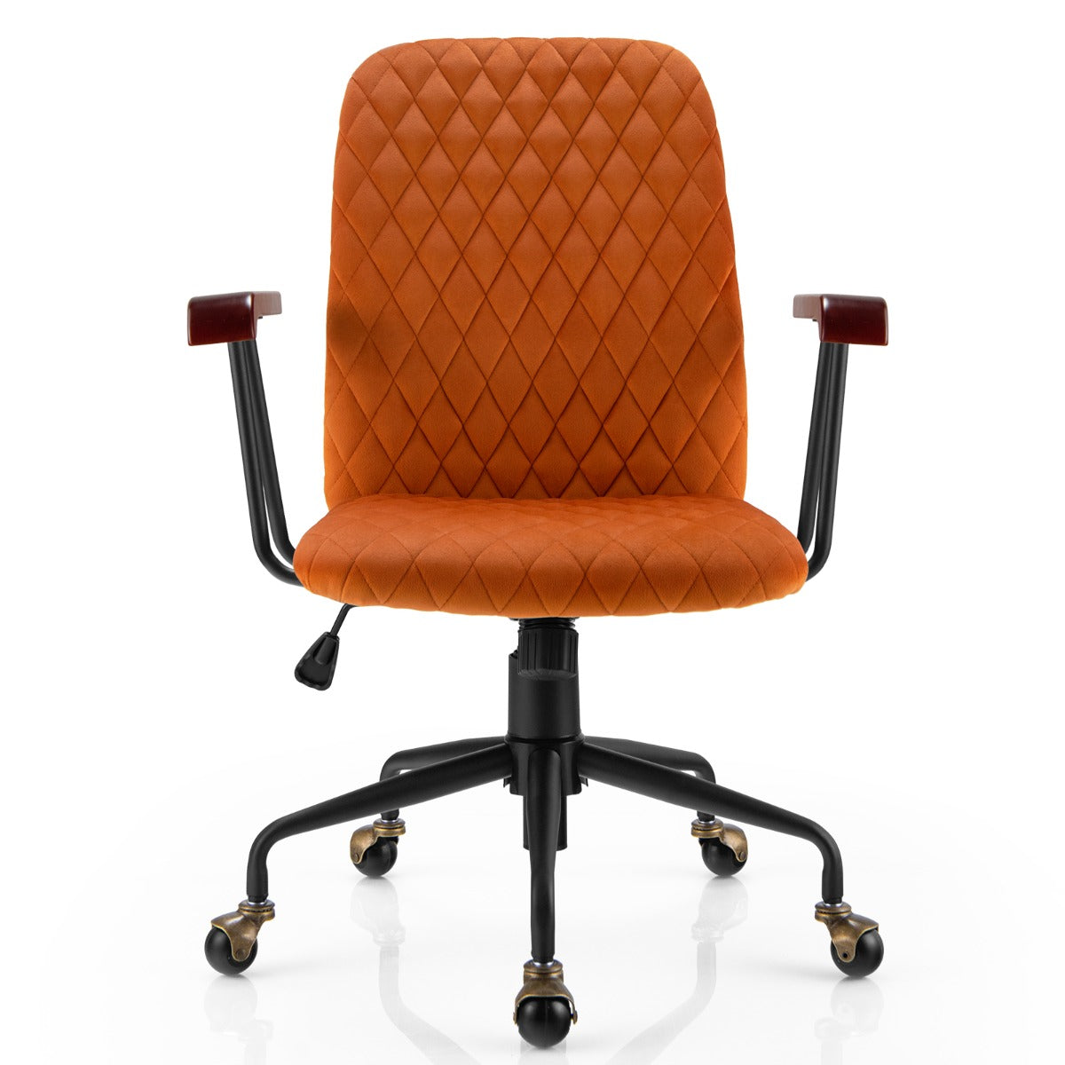 Rubber wood armrests and copper-style wheels create a distinctive elegant vintage appearance